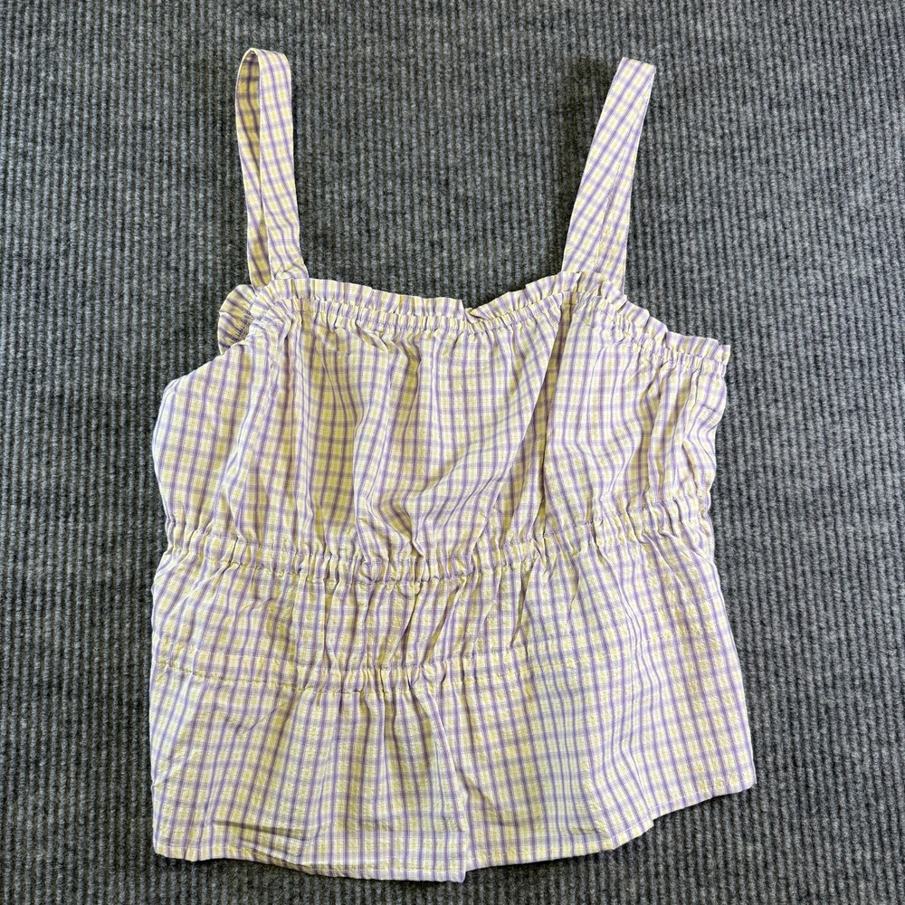 Cotton Bleu Womens L Plaid Tank Top Purple Yellow Smocked Sleeveless NWT